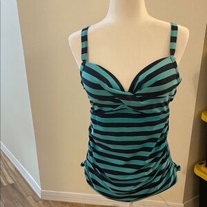 Striped Teal and Black Tankini Top